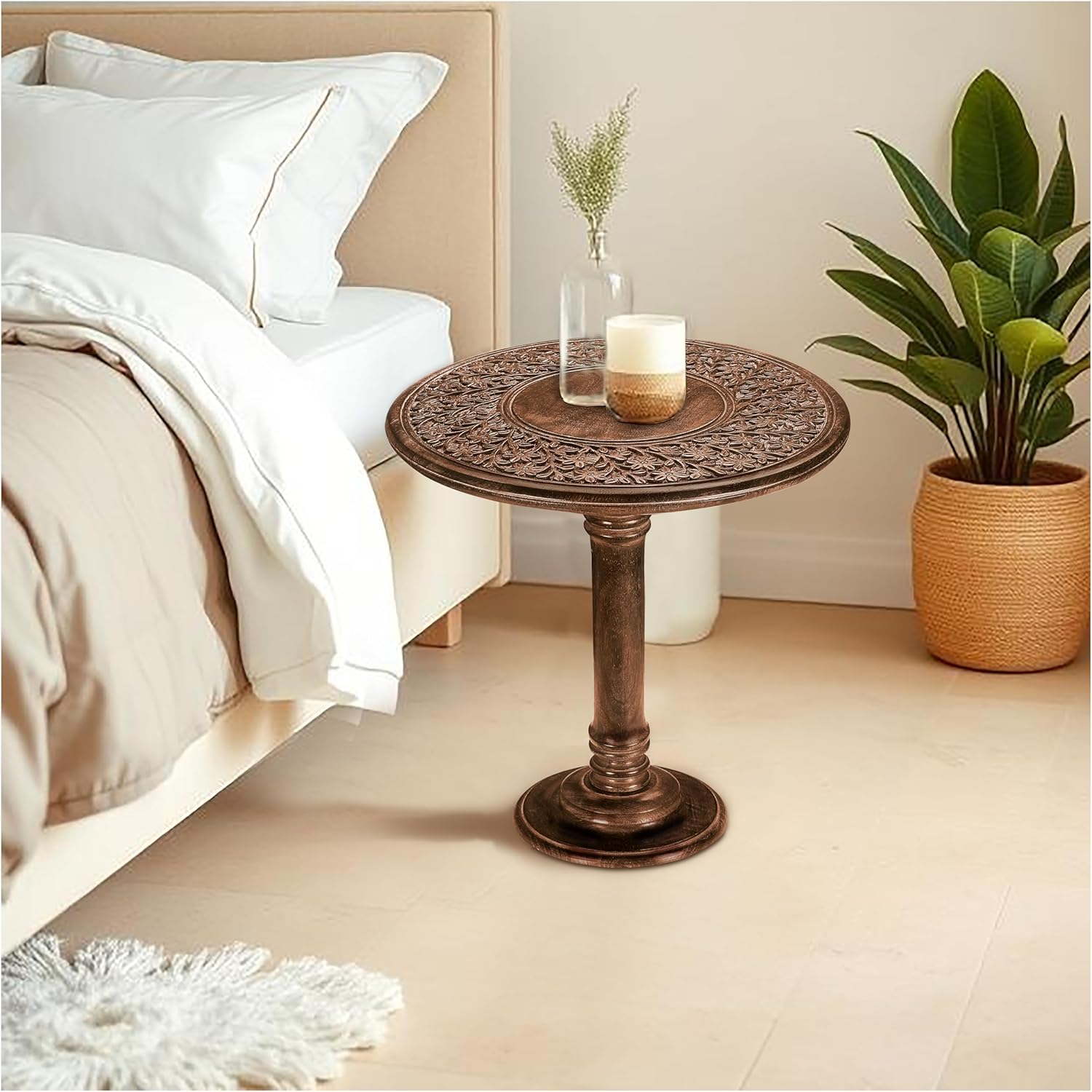Wooden End Table for Living Room - 18x22 Burnt Finish Carved Side Table, Single Pillar Nightstand, Bedside Table for Books, Plants, Magazines, Small Space Accent Table