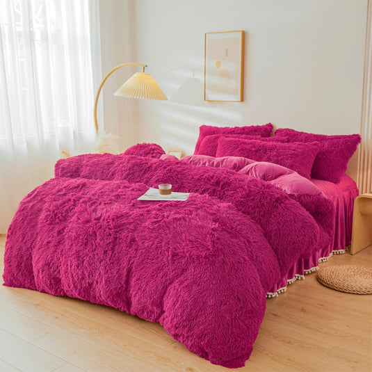 Fluffy Pink Faux Fur Comforter Cover Set，Fluffy Fuzzy Plush Pink Bedding 3Pcs (1 Faux Fur Duvet Cover +2 Fuzzy Pillowcases) Pink Fluffy Bed Set (Pink, Queen)