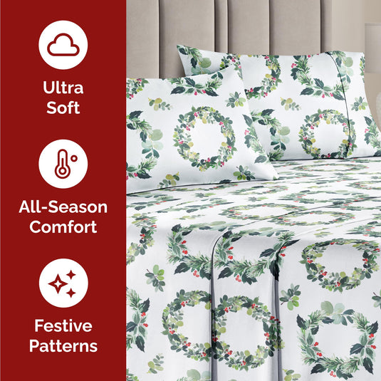 Queen Christmas Tree Sheet Set - Holiday Xmas Pattern Linen Set - Deep Pockets - Snug Fit - 4 Piece - Wrinkle Free - Comfy & Cooling Festive Winter Bedding - Easy To Care For - Kid Friendly