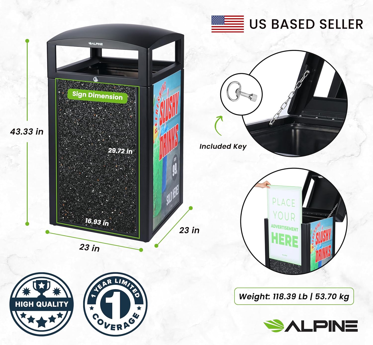 Alpine Outdoor Commercial Trash Can with Lid - 40 Gallon Heavy Duty Metal Garbage Can with Advertising Panels, Removable Bin, Locking Lid for a Modern Look in Pool, Park, Mall (Grey Stones)