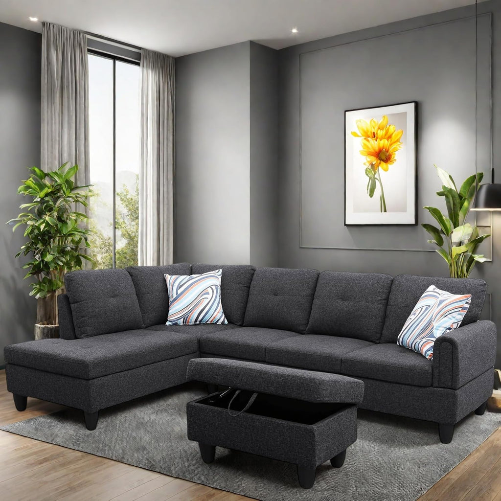 L Shaped Couch, Lounge Sectional Sofa with Chaise for Living Room, 6 Seat Modern Modular Couches with Movable Storage Ottoman, Black Grey