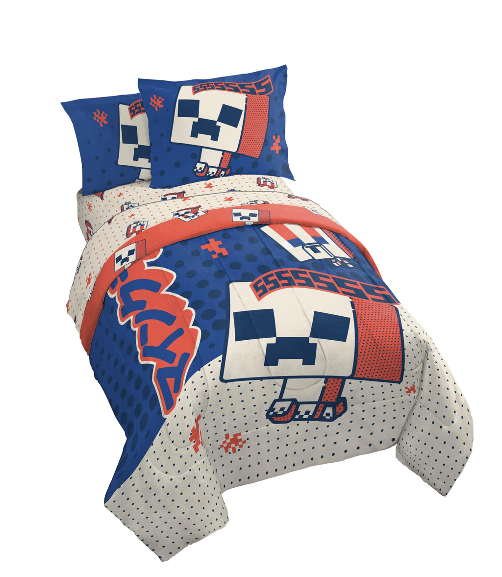 Jay Franco Minecraft Creeper Twin Comforter Set - 5 Piece Bedding Includes Sheet Set & Pillow Covers - Super Soft Gren & Gray Bedding