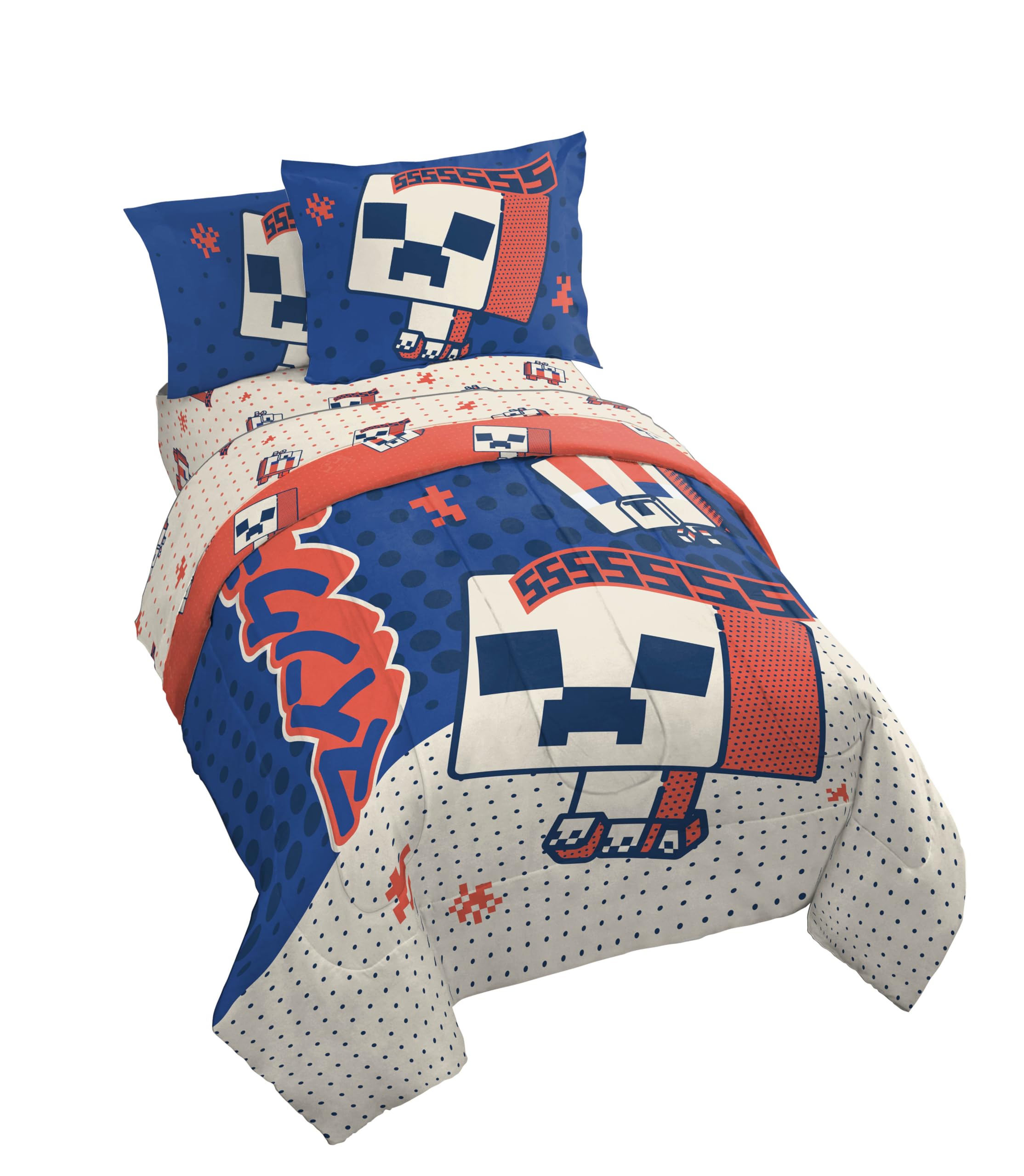 Jay Franco Minecraft Creeper Twin Comforter Set - 5 Piece Bedding Includes Sheet Set & Pillow Covers - Super Soft Gren & Gray Bedding