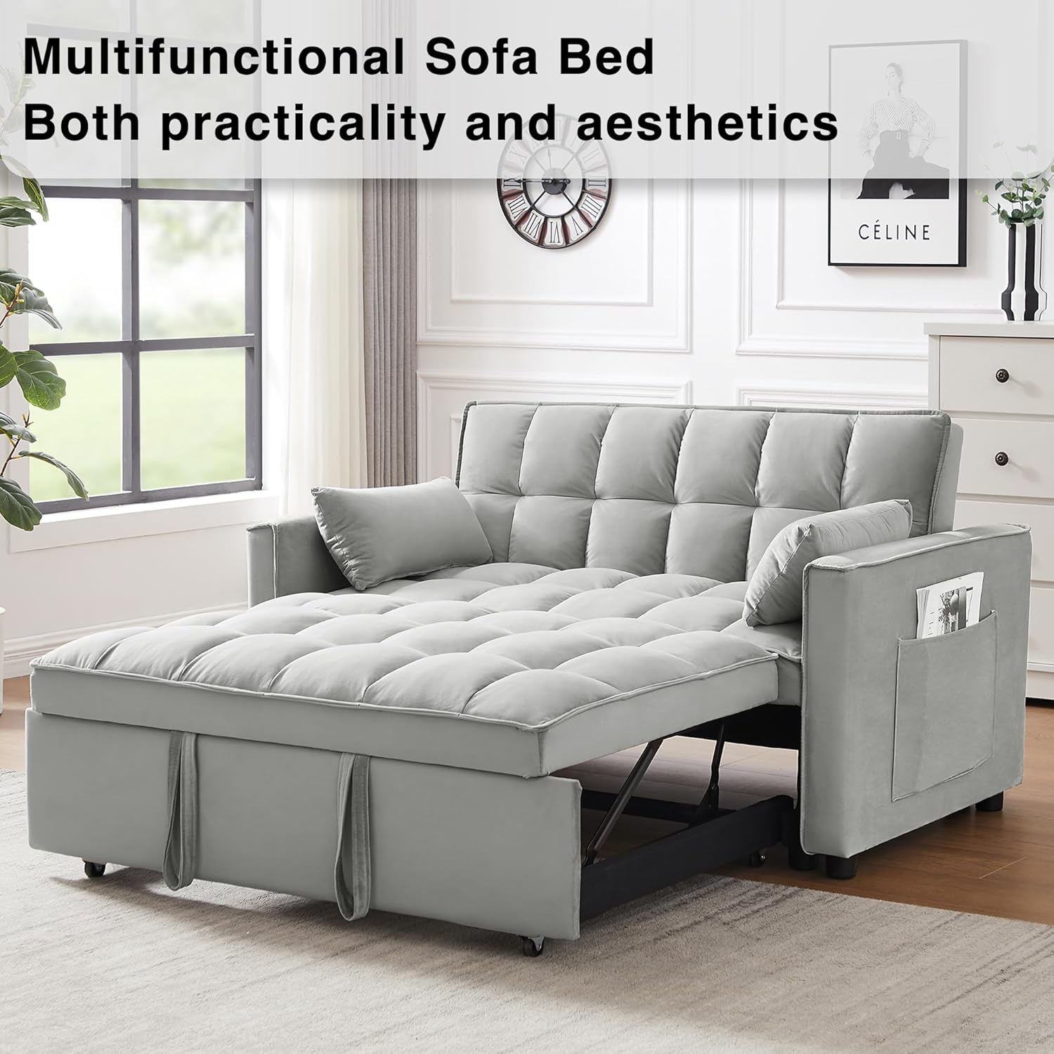 3 in 1 Convertible Sleeper Sofa Bed, Futon Couches for Living Room with Side Pocket | Adjustable Backrest | Velvet Fabric | Pull Out Couch | Small Loveseat | Sectional Sofa Bed(Grey)