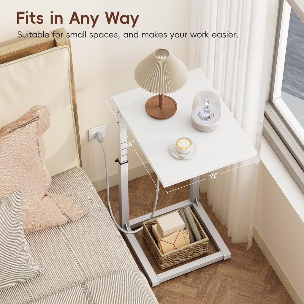 Vagusicc C Shaped End Table with Charging Station, 33" Tall Side Table for Couch, Sofa Table Adjustable Height Couch Side Table Coffee Table, Slide Under Sofa TV Tray C Table for Living Room, White