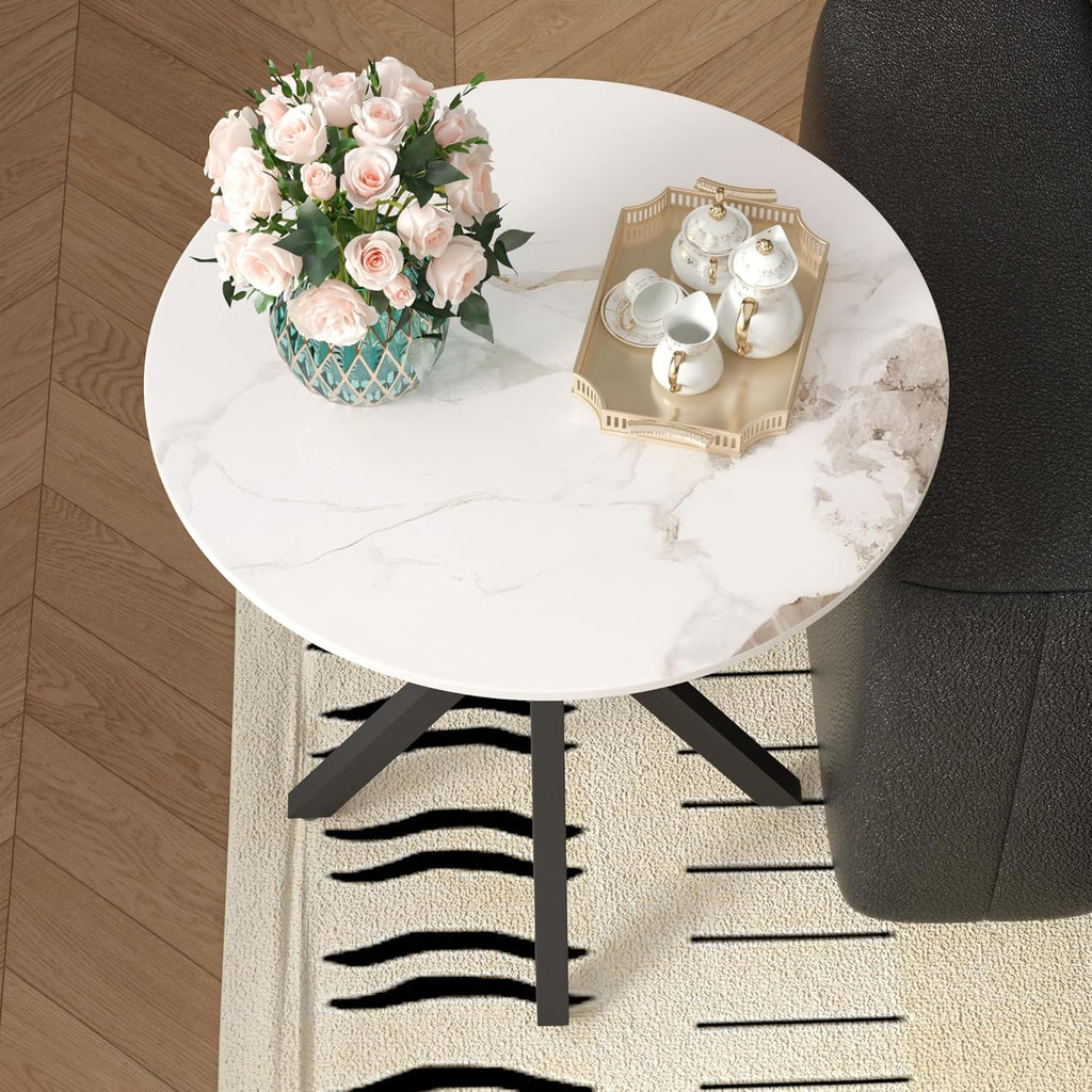 Round Marble Side Table Set of 2, Modern Style End Table with Sintered Stone Top and Black Metal Legs, Small Sofa Coffee Table for Living Room Bedroom (White, 20" x 20 "x 22")