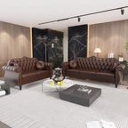 AVZEAR Chesterfield 3-Piece Living Room Sectional Sofa Set, Mid-Century Modern Upholstered PU Couch, Classic Tufted Button Sofa with Nailhead Trim for Living Room, Office (Brown)