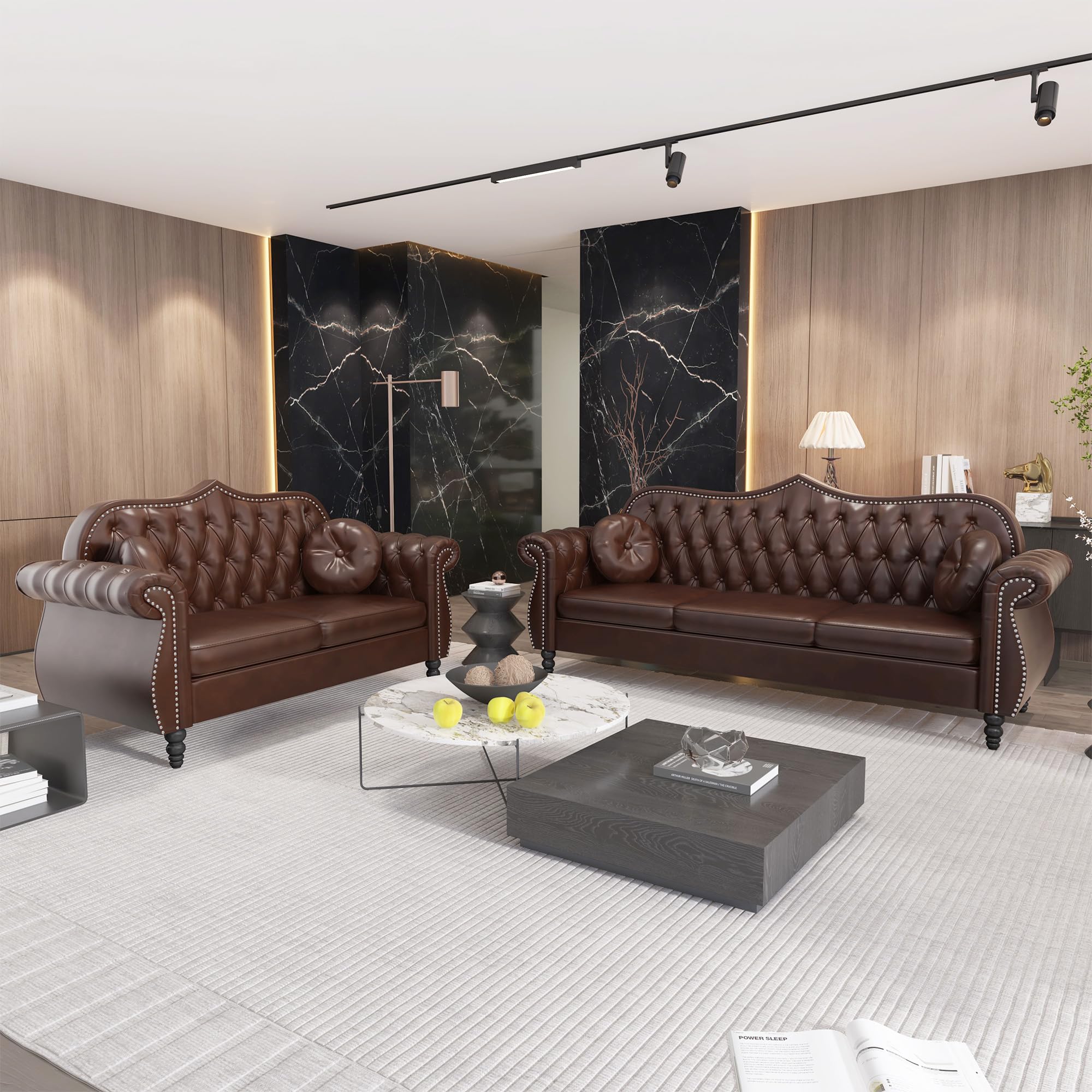 AVZEAR Chesterfield 3-Piece Living Room Sectional Sofa Set, Mid-Century Modern Upholstered PU Couch, Classic Tufted Button Sofa with Nailhead Trim for Living Room, Office (Brown)