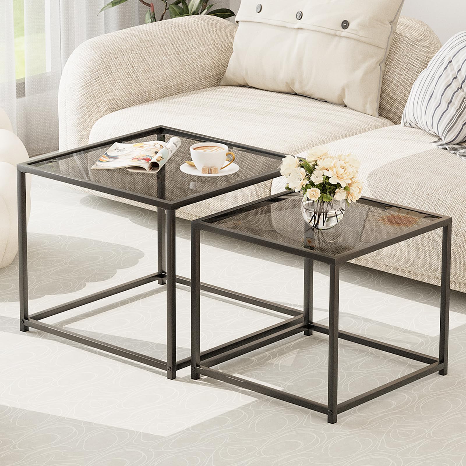 Garden 4 you Coffee Table Set of 2, Modern Engineered Wood Nesting Table, Metal Frame Square Center Table Set, Side Tables, Nesting Coffee Table for Living Room, Bedroom and Small Spaces, 23.6in Gold