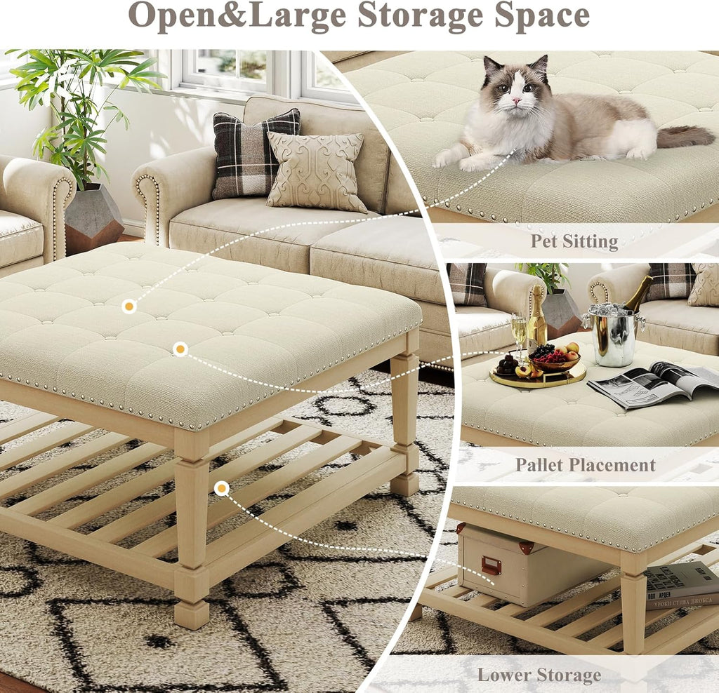 Large Square Ottoman Coffee Table, Linen Solid Upholstered Footrest Ottoman with Solid Wood Shelf Storage Tufted Coffee Table for Bedroom Living Room-Ivory