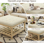 Large Square Ottoman Coffee Table, Linen Solid Upholstered Footrest Ottoman with Solid Wood Shelf Storage Tufted Coffee Table for Bedroom Living Room-Ivory