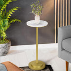 Drink Table, Carved Table Top Small Pdestal Martini SideTable for Living Room, Bedroom, Modern, Weighted Base, White and Gold