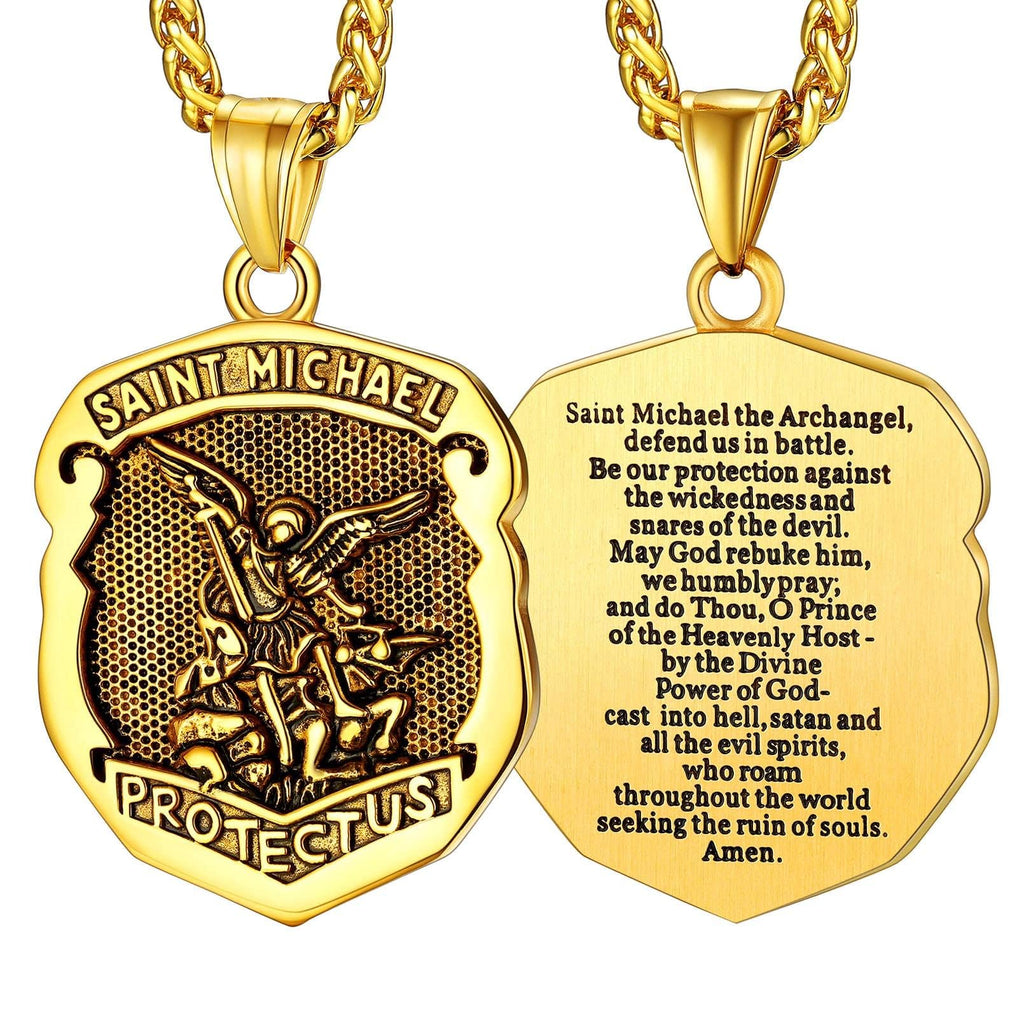 FaithHeart Saint Michael Necklace, Stainless Steel/18K Gold Plated St Michael the Archangel Pendant Amulet for Men Women with Gift Packaging