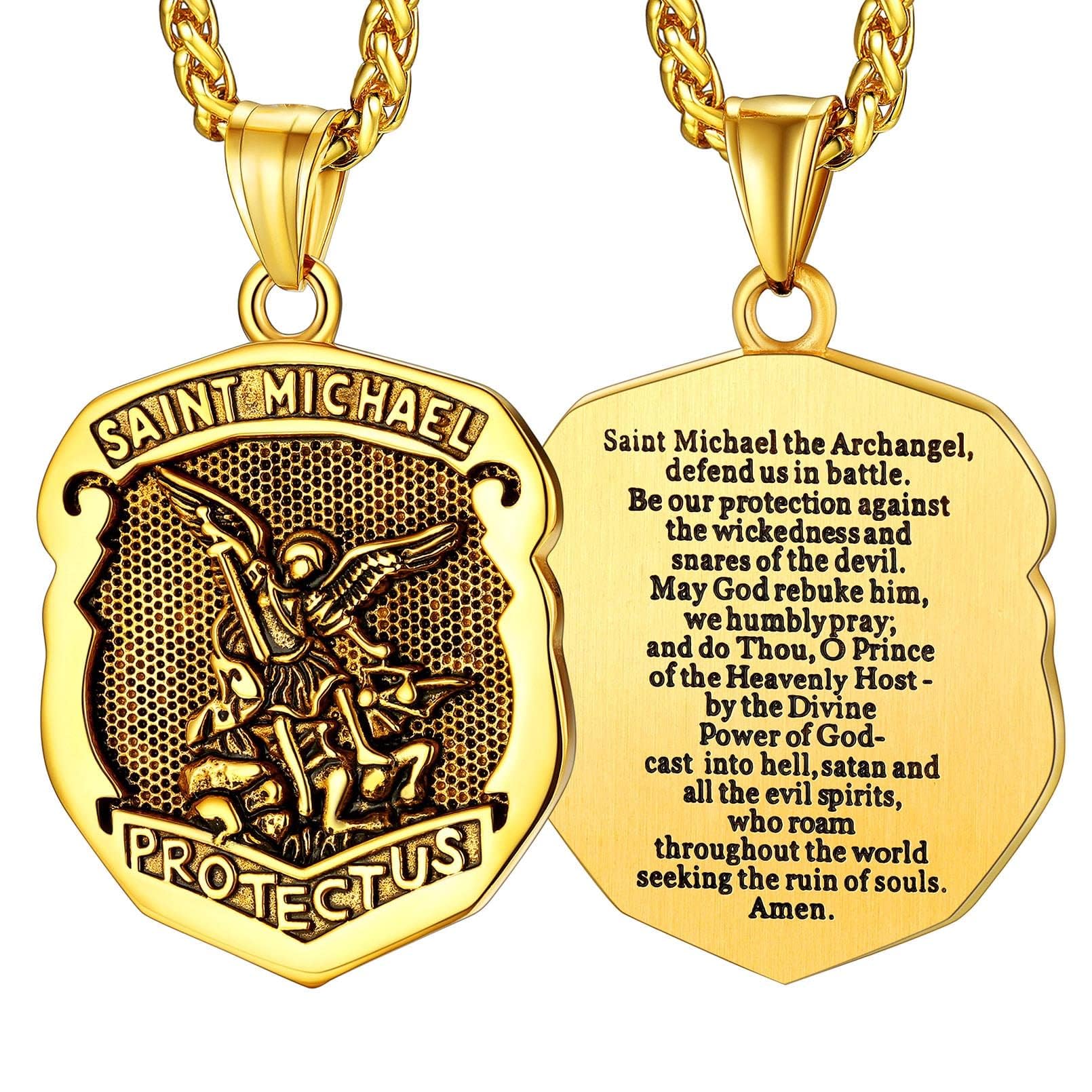 FaithHeart Saint Michael Necklace, Stainless Steel/18K Gold Plated St Michael the Archangel Pendant Amulet for Men Women with Gift Packaging