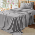 Bedsure Queen Sheet Set - Soft, Breathable and Durable Embossed Design Bed Sheets(Grey), 4 Pieces Hotel Luxury Queen Sheets, Easy Care Polyester Microfiber Cooling Bed Sheet Set for Queen Size Bed