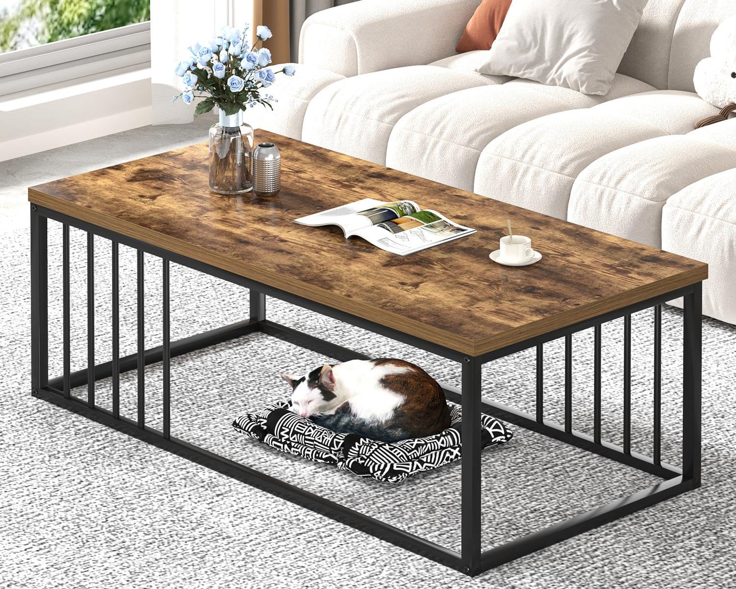 FOLUBAN Black Coffee Table, Modern Square Center Table for Living Room, Industrial Rustic Wood and Metal Cocktail Tea Table, 31.5 Inch