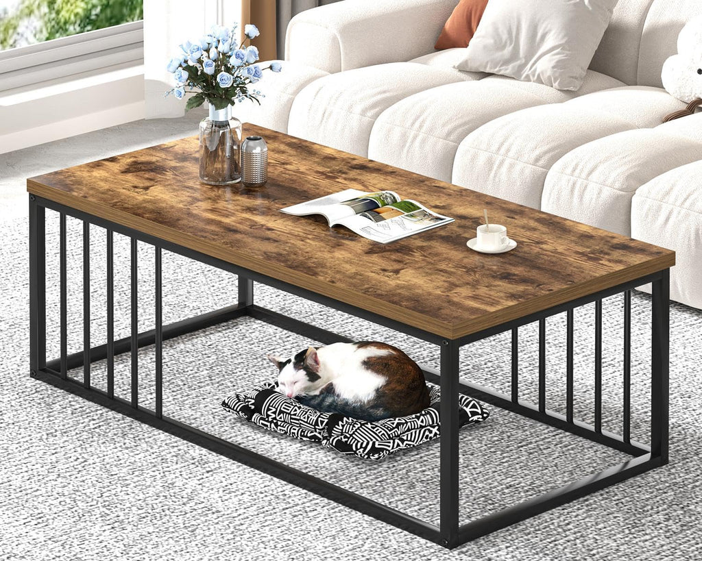FOLUBAN Coffee Table, Modern Square Center Table for Living Room, Industrial Rustic Wood and Metal Cocktail Tea Table, 31.5 Inch, Oak