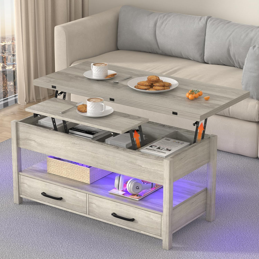 42'' Lift Top Coffee Table with LED, 4-in-1 Multifunctional Coffee Table with Drawers and Hidden Compartments, Converts to Dining Table for Living Room, Reception Room, Grey