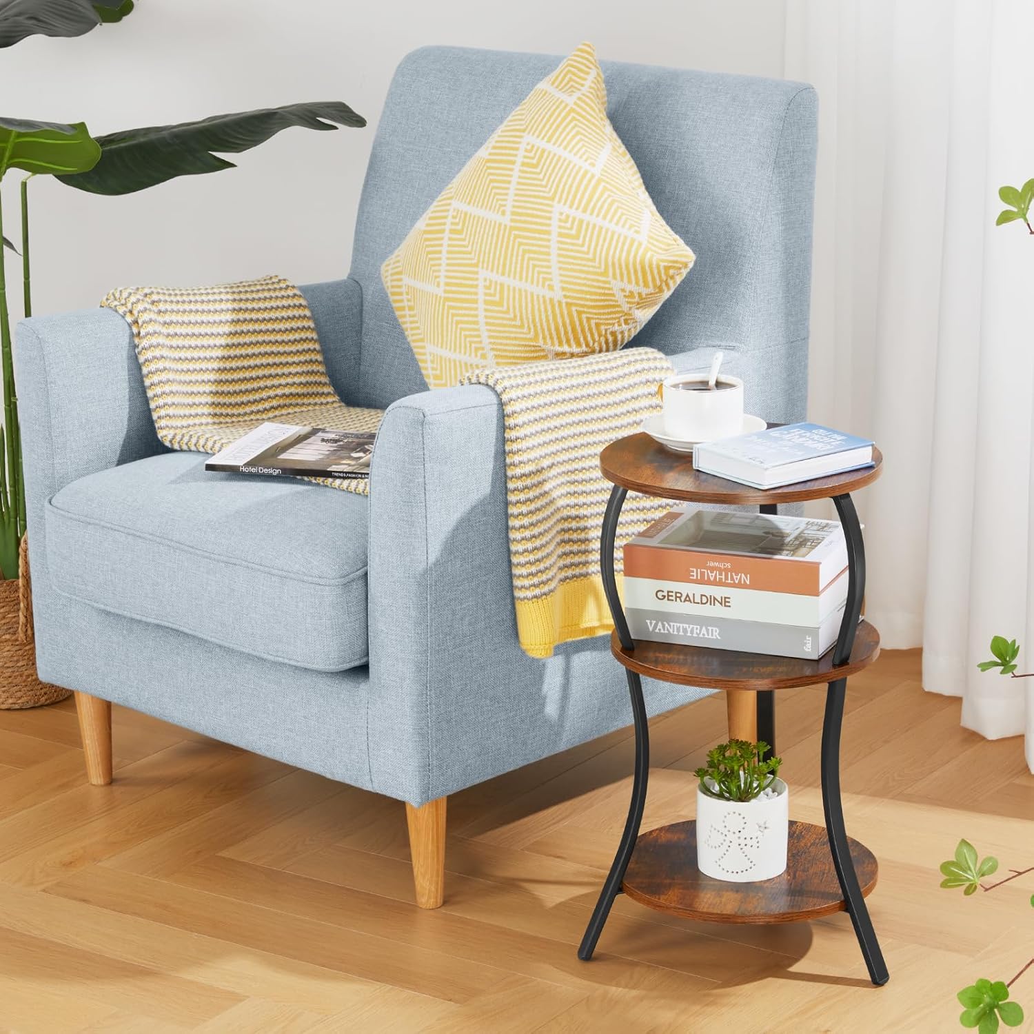 Vintage Small Round Side Table, 3-Tier Slim Waist Circular End Table with Storage Shelf, Compact Tea Sofa Table, Round Corner Coffee Table Nightstand for Living Room Bedroom Small Spaces,Rustic Brown