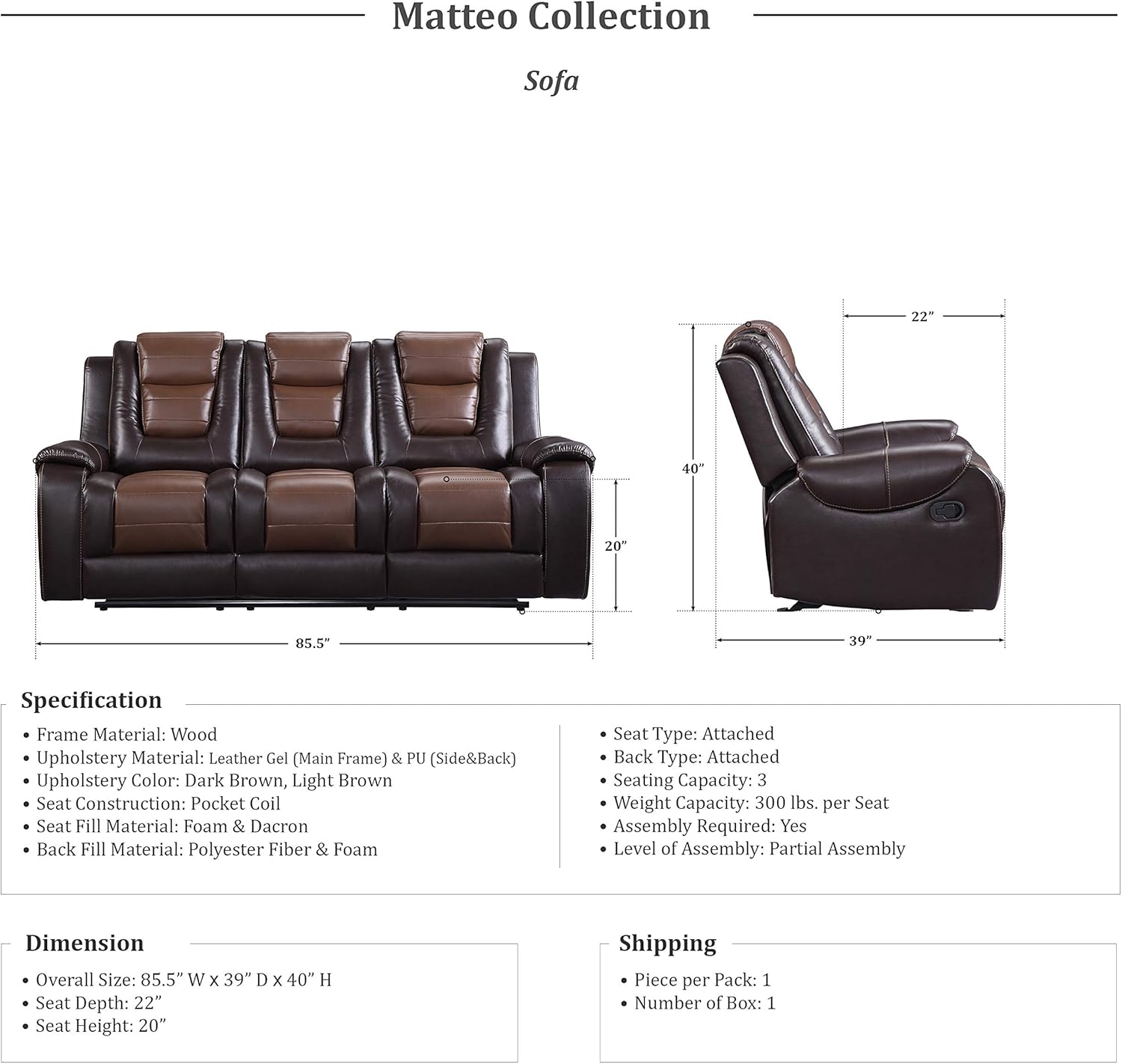 Lexicon Reclining Living Room Set, Manual Reclining Sofas, Couches for Living Room, Home Theater Seating, Includes Reclining Sofa and Double Gliding Loveseat, 2-Piece Set, Two-Tone Brown​
