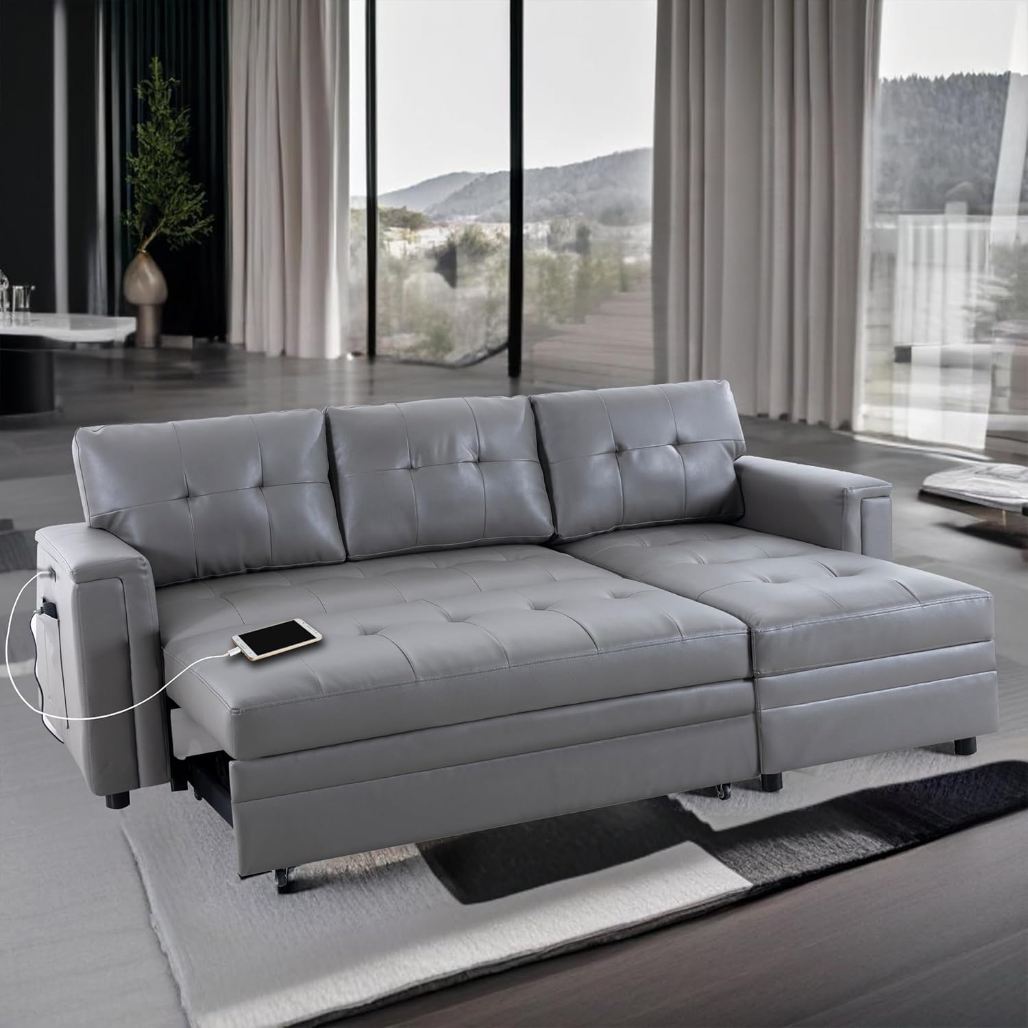 Naomi Home Lily Sectional Sleeper Sofa with USB Ports-L-Shaped Couch Convertible Pull-Out Bed, Ample Storage, Timeless Design, Sturdy Construction, Long-Lasting for Modern Living, Gray, Air Leather