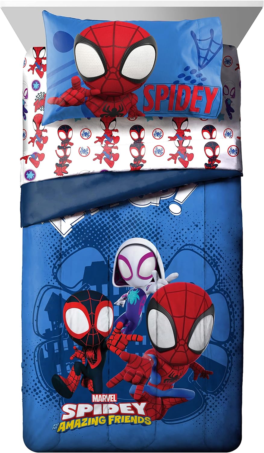 Jay Franco Marvel Spidey and His Amazing Friends Team Spidey 5 Piece Twin Size Bed Set - Includes Comforter & Sheet Set Bedding - Super Soft Fade Resistant Microfiber (Official Marvel Product)