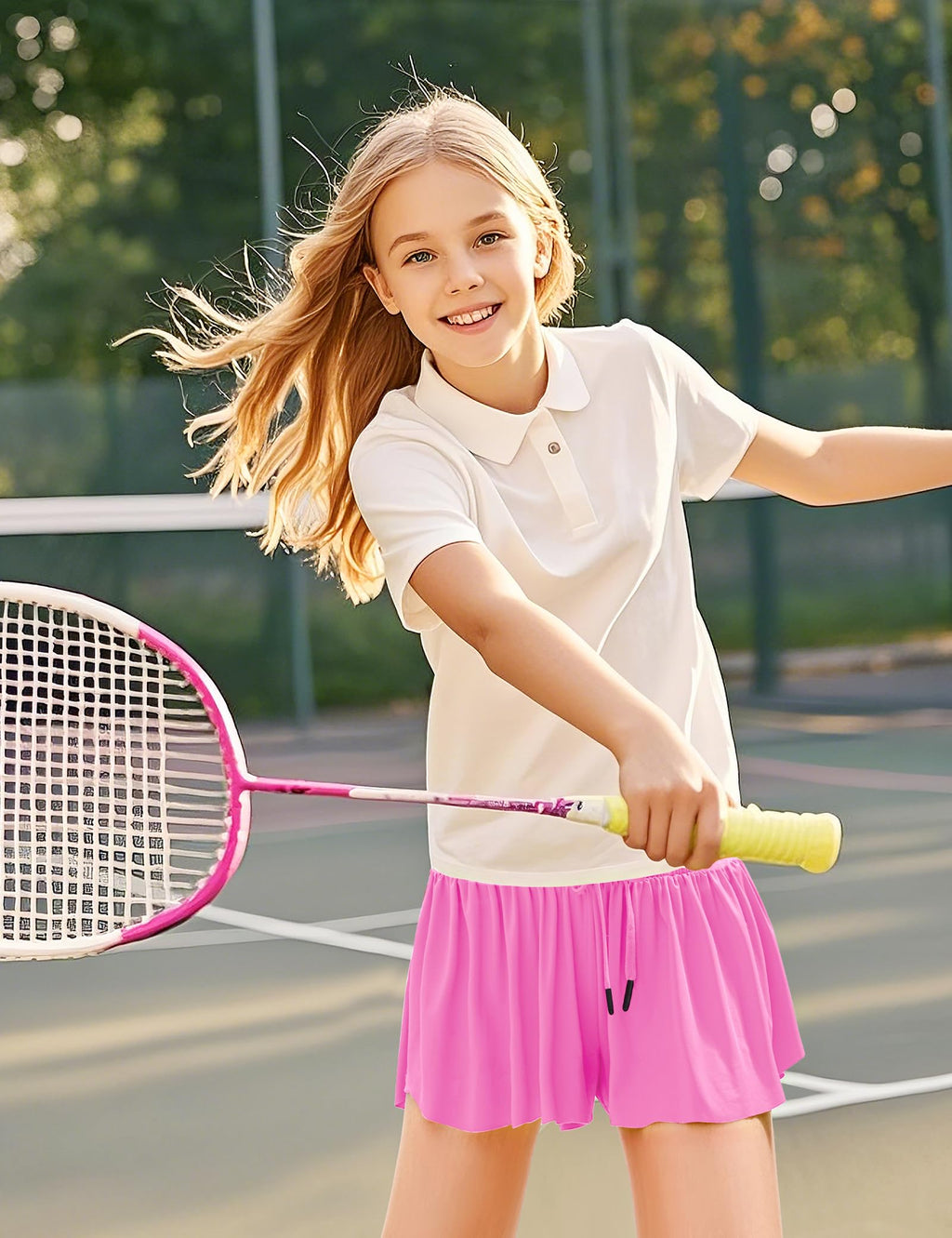 BOOPH Girls Flowy Shorts Athletic Butterfly Shorts Girls with Inner Pockets for Running Tennis Rose Red 9-10Y