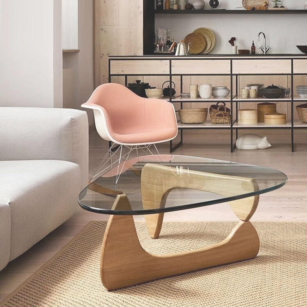 Coffee Tables for Living Room - Triangle Glass Coffee Table with Wooden Base Mid-Century Modern Abstract End Table for Study Room Office Hotel Balcony (Walnut Transparent, Small 32.2 * 22.4 * 16in)