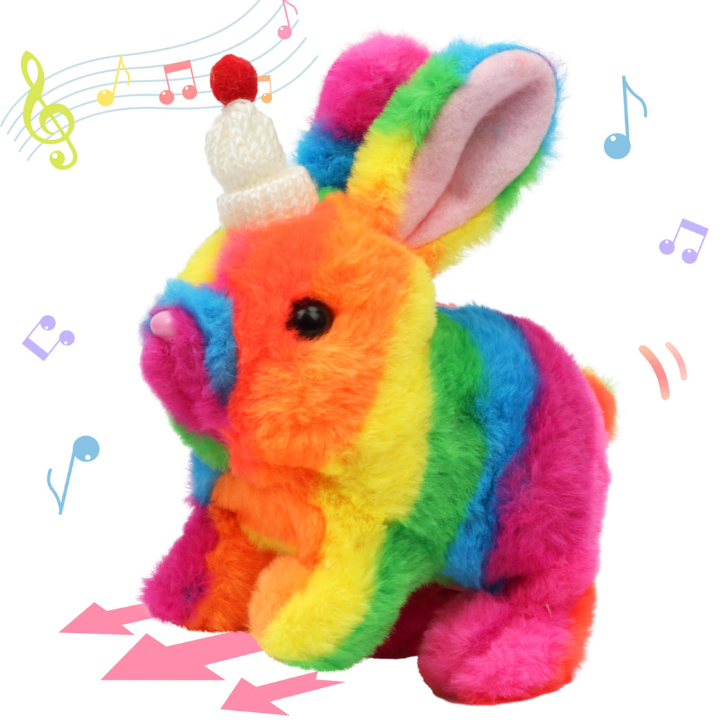 Hopearl Hopping Rabbit with Bell Interactive Electronic Pet Plush Bunny Toy with Sounds and Movements Animated Walking Wiggle Ears Twitch Nose Gift for Toddlers Birthday, Rainbow, 7''