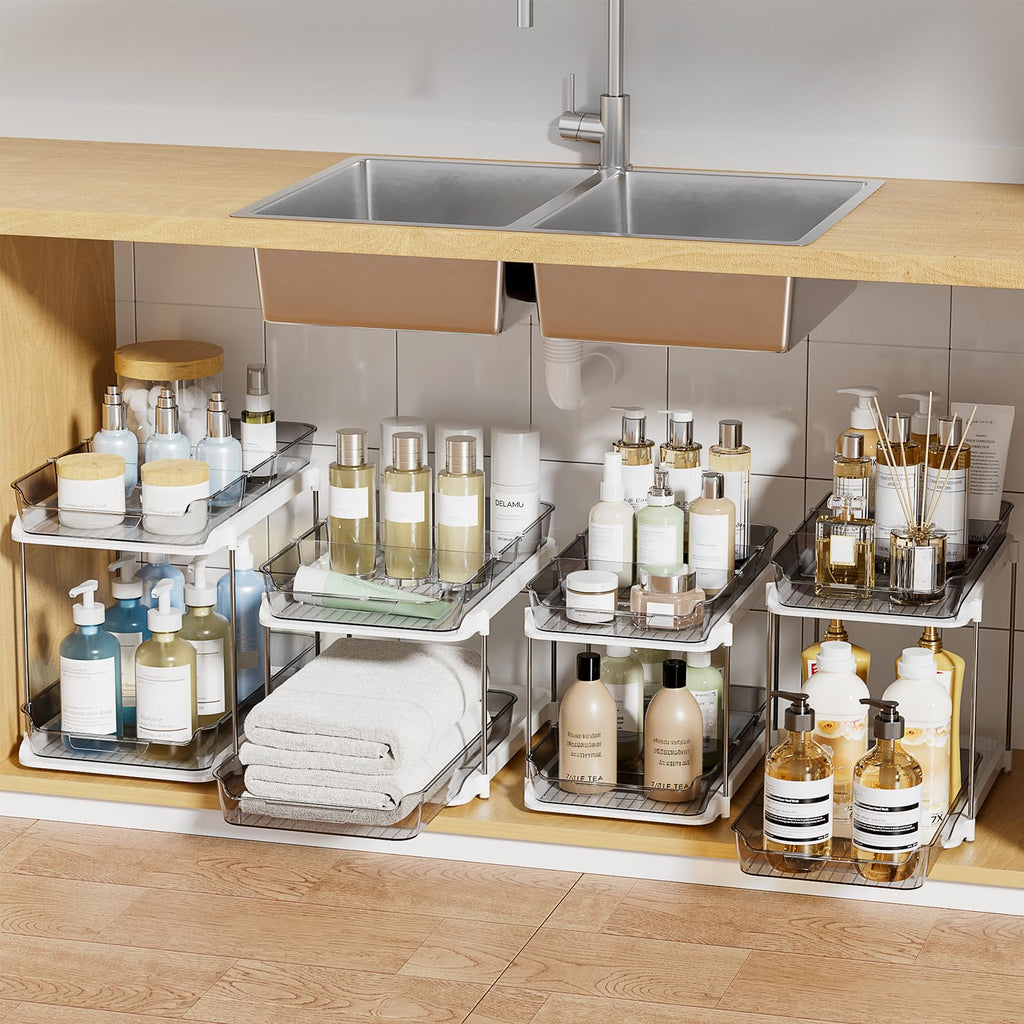 Delamu 2-Tier Multi-Purpose Bathroom Under Sink Organizers and Storage, Stackable Kitchen Pantry Organization, Pull Out Medicine Cabinet Organizer with Movable Dividers, Amber, 2 Pack