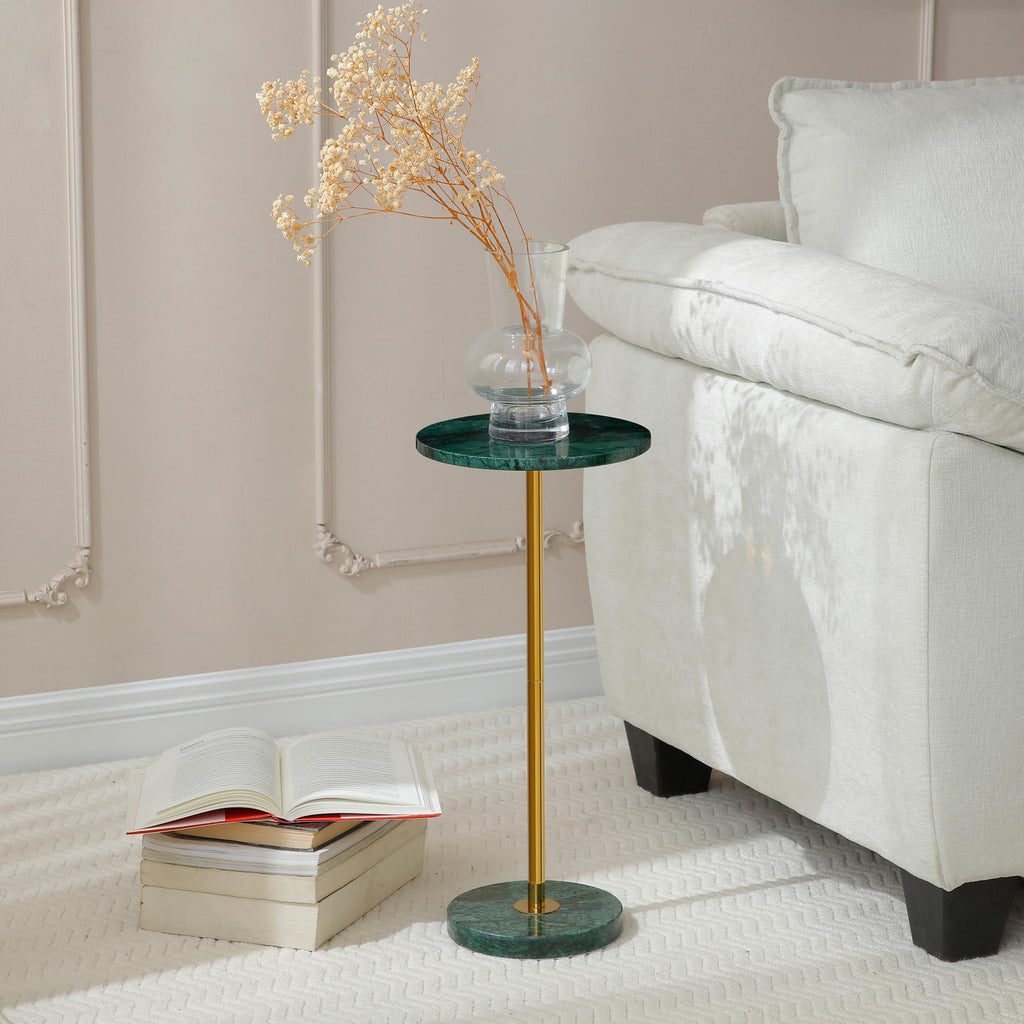 Φ9.8-inch Marble Round Drink Table, Stone Finish Pedestal End Table for Living Room, Weighted Base Small Accent Side Table for Small Space Office - Beige