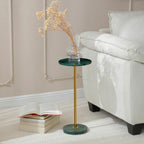 Φ9.8-inch Marble Round Drink Table, Stone Finish Pedestal End Table for Living Room, Weighted Base Small Accent Side Table for Small Space Office - Beige