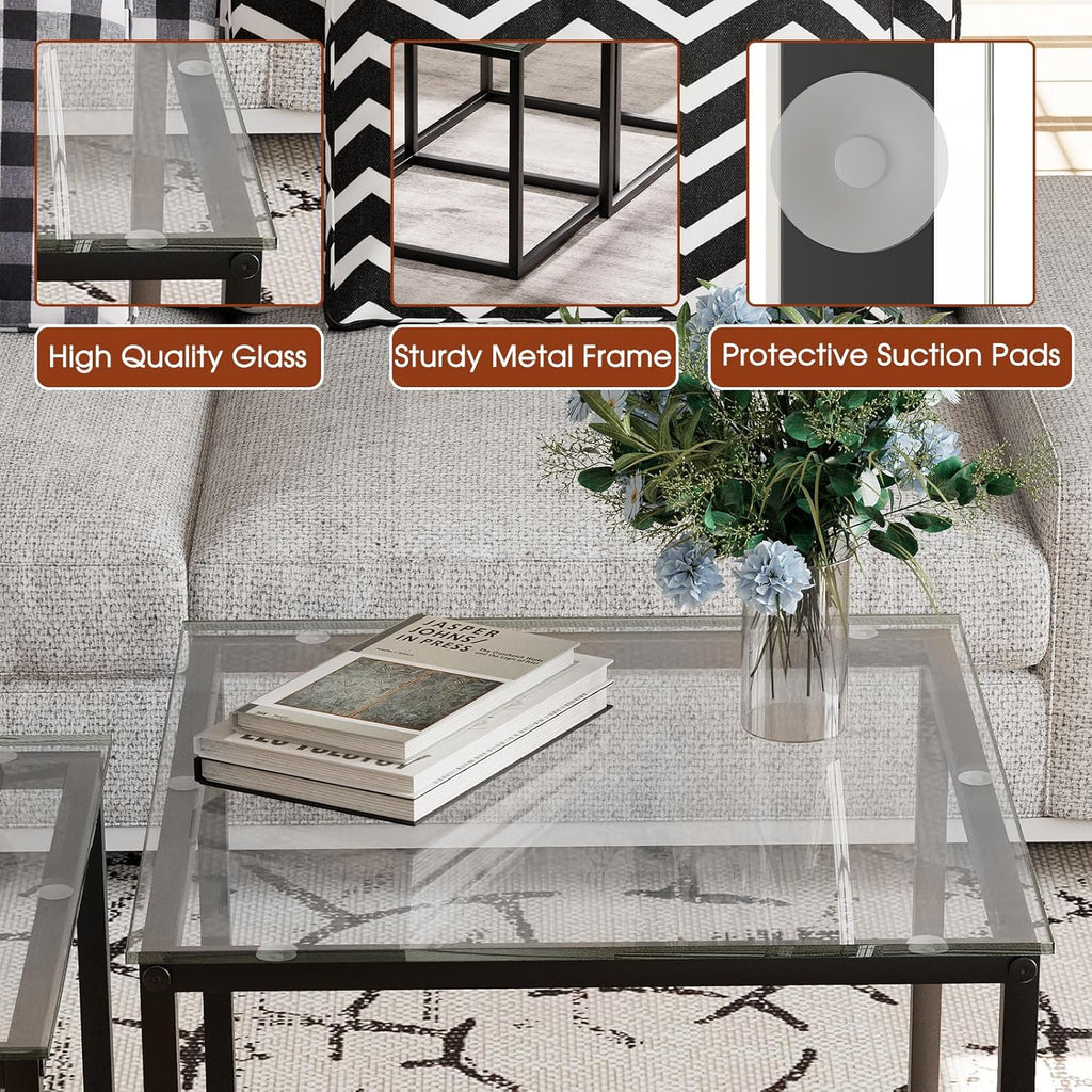 VILAWLENCE Coffee Table Set of 2, Modern Black Glass Side Table, Metal Frame Square End Table, Center Tables,Nesting Coffee Table for Living Room,Bedroom and Small Spaces