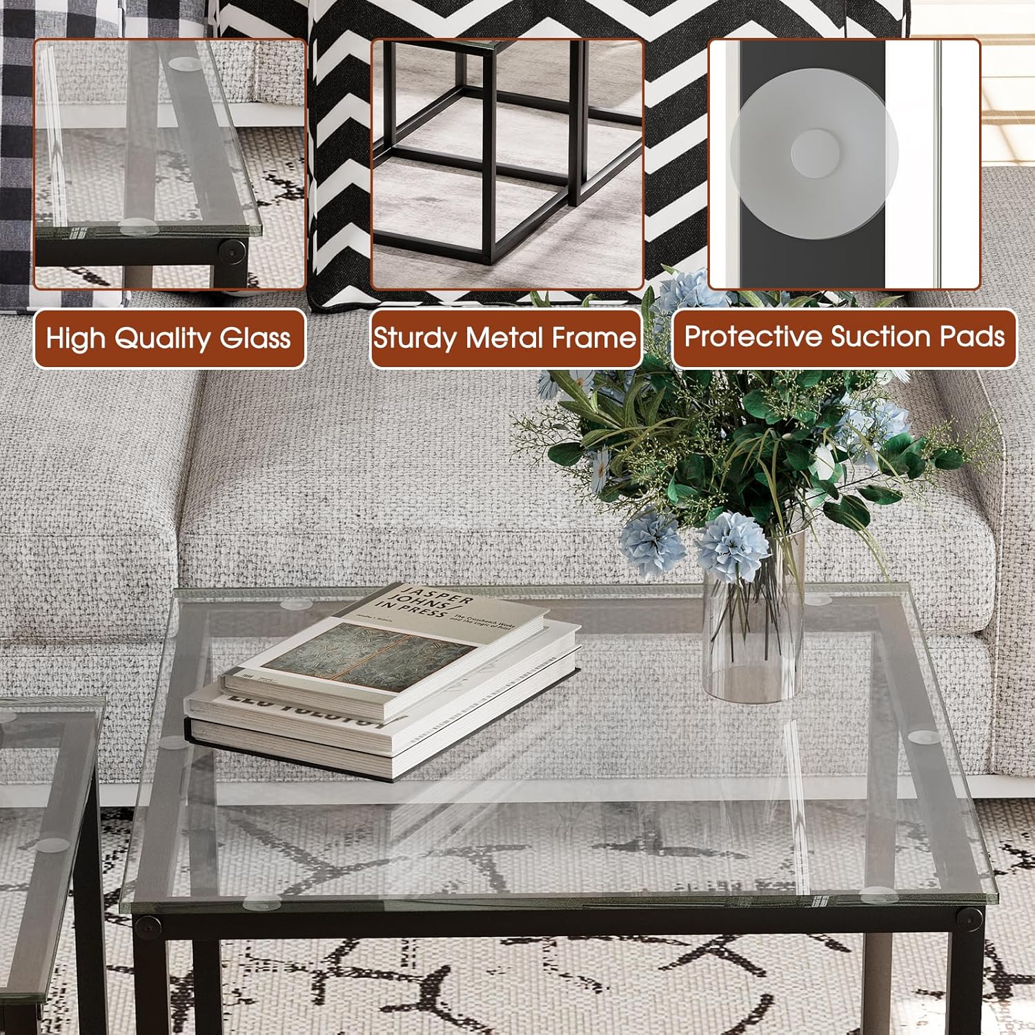 VILAWLENCE Coffee Table Set of 2, Modern Black Glass Side Table, Metal Frame Square End Table, Center Tables,Nesting Coffee Table for Living Room,Bedroom and Small Spaces
