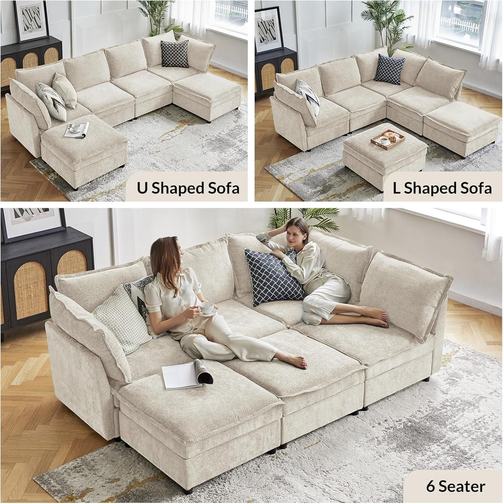 HULALA HOME 127'' Modular Sectional Sofa, Oversized U Shaped Couch with Storage Ottoman, Extra Deep Seat, Modern Comfy Chenille Sofa with Chaise, 6 Seat Convertible Couches for Living Room, Beige