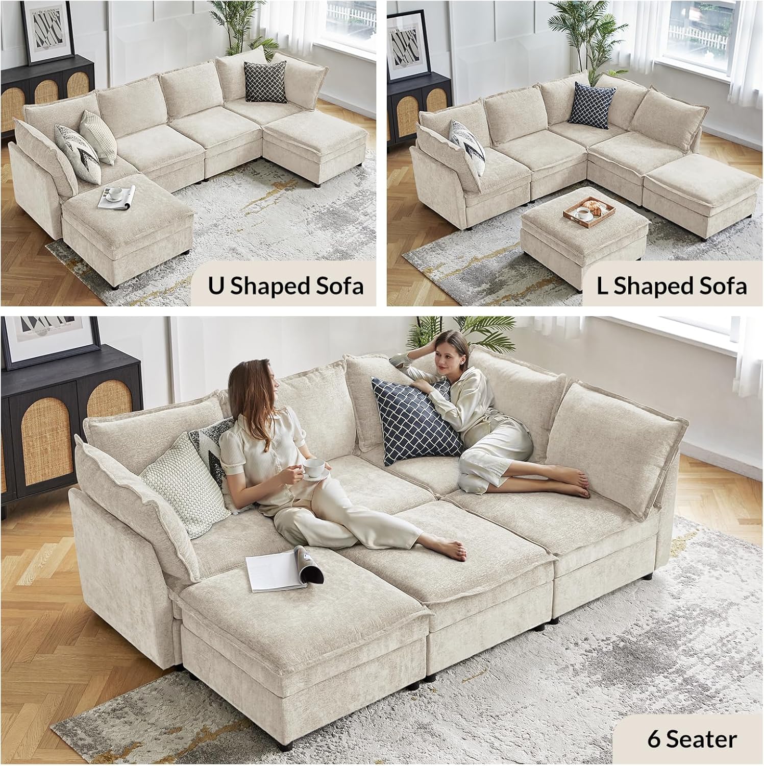 HULALA HOME 127'' Modular Sectional Sofa, Oversized U Shaped Couch with Storage Ottoman, Extra Deep Seat, Modern Comfy Chenille Sofa with Chaise, 6 Seat Convertible Couches for Living Room, Beige