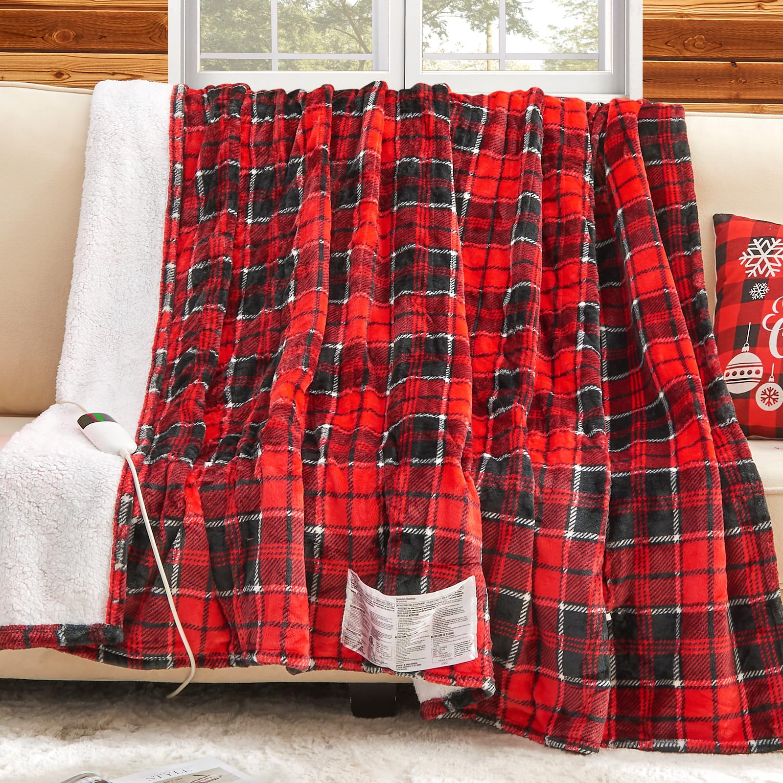 Elektrisch verwarmd deken, 50X60, verwarmingsdeken met 10 verwarmingsniveaus/8 uur automatische uitschakeling, marineblauw geruit Sherpa-dekenverwarmer voor volwassenen, wasbaar deken cadeau voor bank bed kantoor, ETL