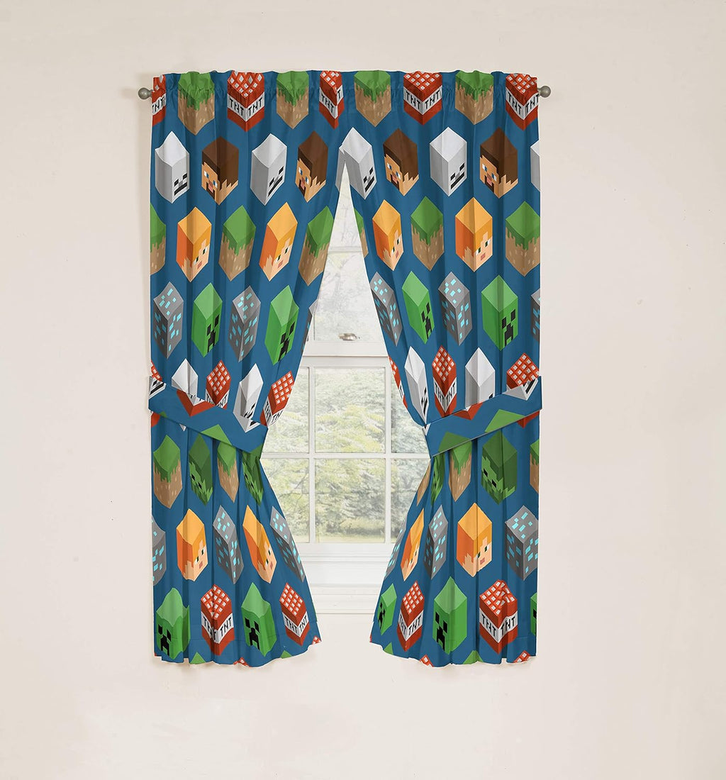 Jay franco Minecraft Isometric Blue 63 in Drapes 4 Piece Set - Beautiful Room Decor&Easy Set Up, Bedding Features Creeper - Window Curtains Include 2 Panels&2 Tiebacks (Official Minecraft Product)