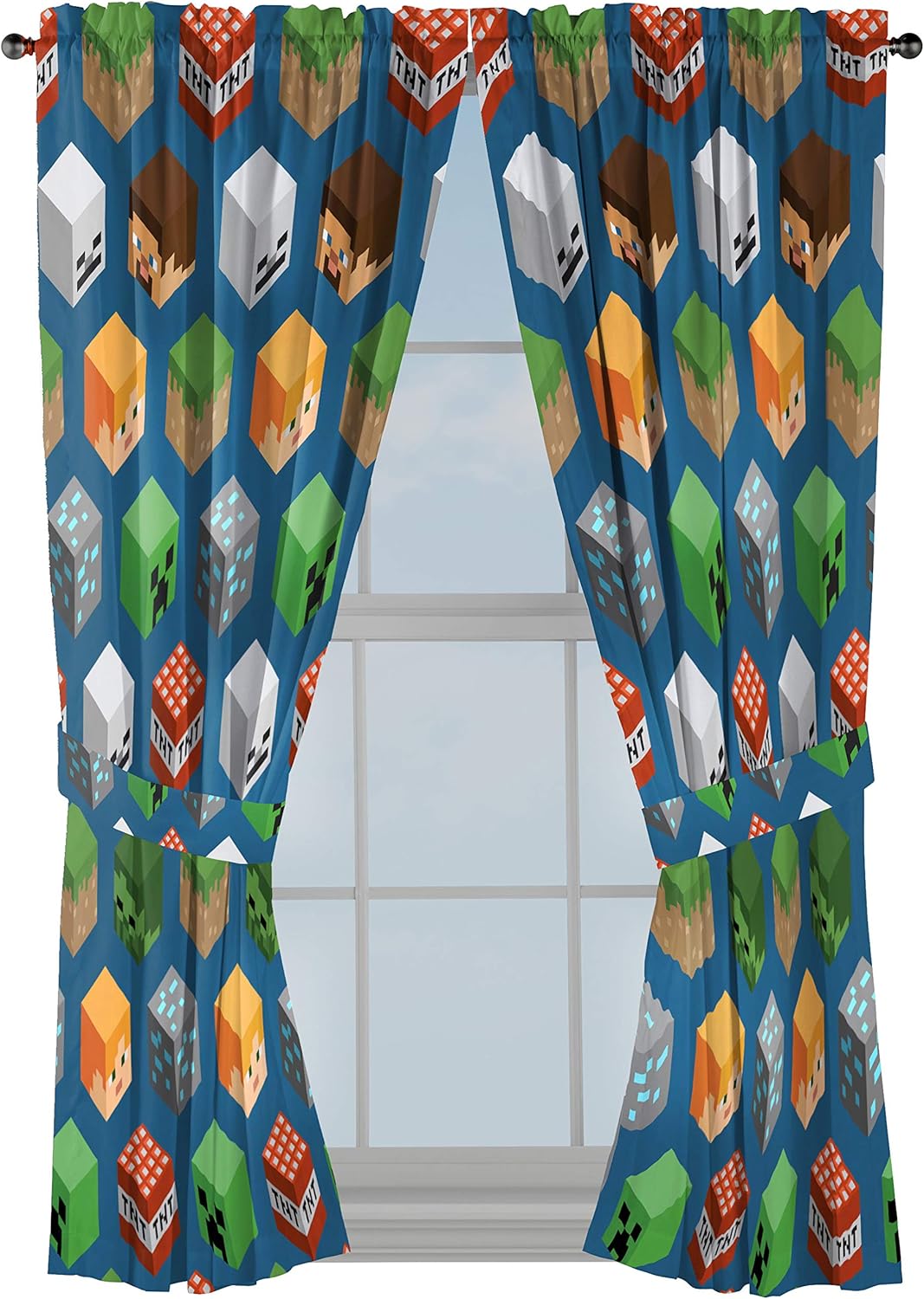 Jay franco Minecraft Isometric Blue 63 in Drapes 4 Piece Set - Beautiful Room Decor&Easy Set Up, Bedding Features Creeper - Window Curtains Include 2 Panels&2 Tiebacks (Official Minecraft Product)