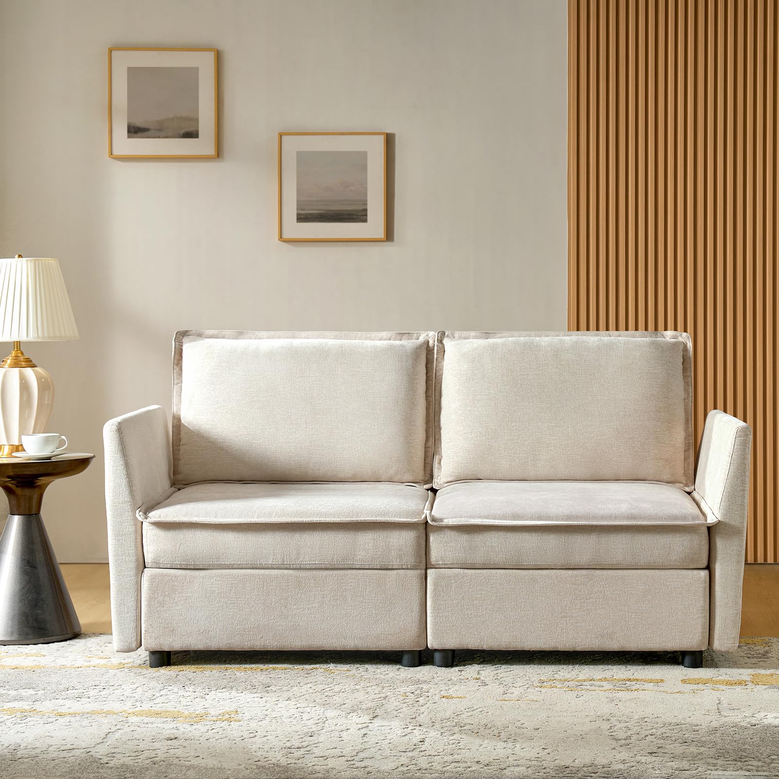 HULALA HOME 127'' Modular Sectional Sofa, Oversized U Shaped Couch with Storage Ottoman, Extra Deep Seat, Modern Comfy Chenille Sofa with Chaise, 6 Seat Convertible Couches for Living Room, Beige