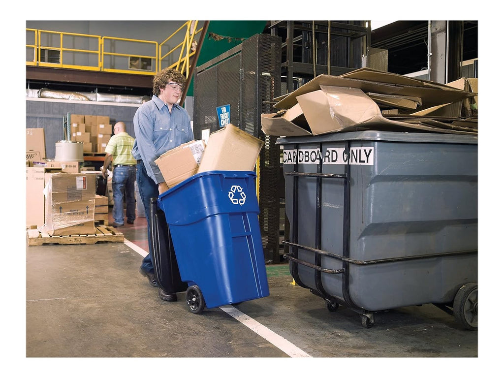 Rubbermaid Commercial Products BRUTE Rollout Heavy-Duty Wheeled Recycling Can/Bin, 50-Gallon, Blue Recycling, for Restaurants/Hospitals/Offices/Warehouses/Garage