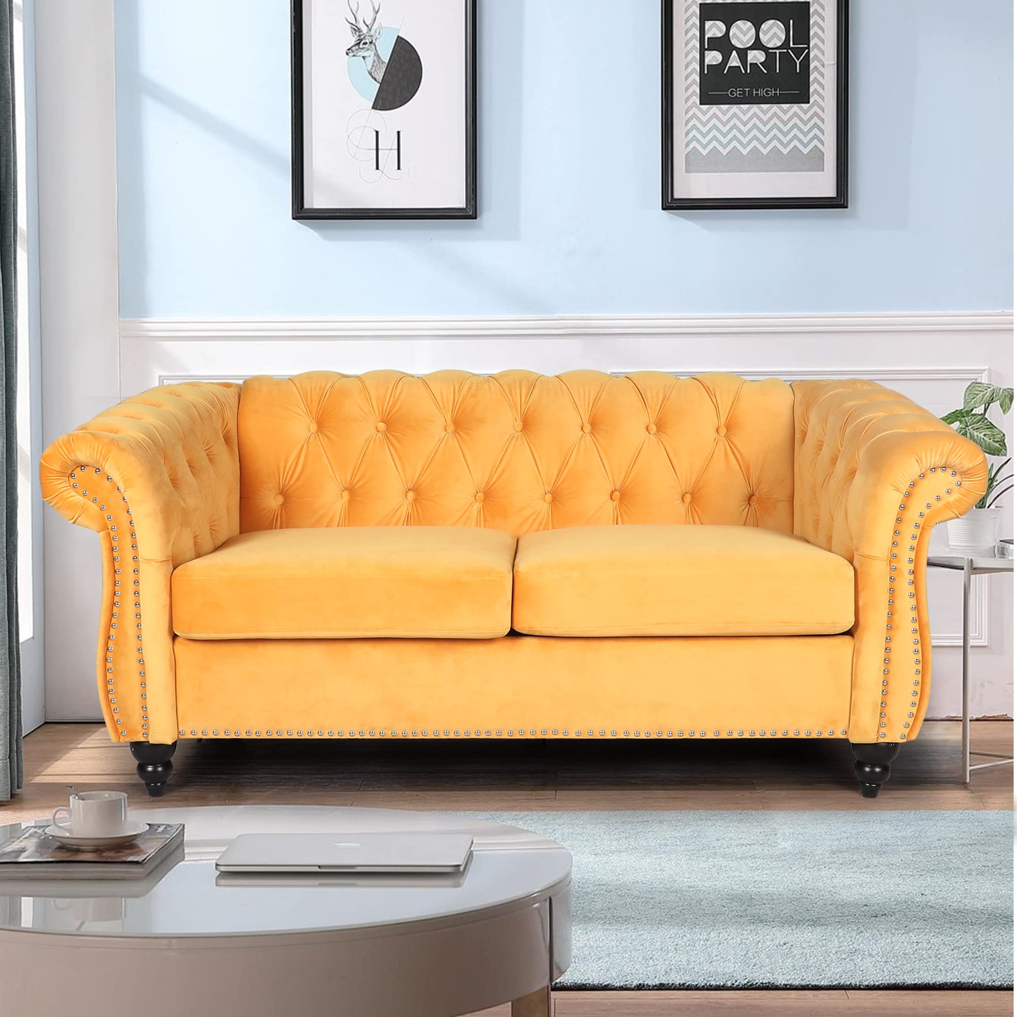 LEVNARY Three-Seat Velvet Sofa, Large Sofa Classic Tufted Chesterfield Settee Modern 3 Seater Couch Furniture Tufted Back for Living Room, Blue