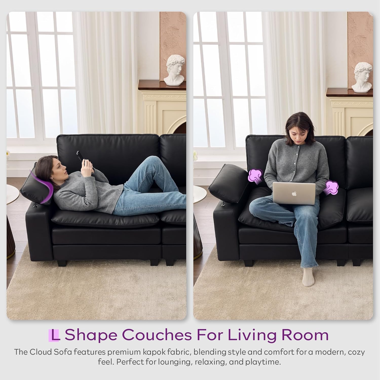 TYBOATLE 122'' Sofa Set for Living Room, Black Leather Sectional Couch with Chairs, Comfy Cloud Couch w/Adjustable Wider Armrest, Deep Seat Upholstered Modular Sofa for Office, Studio, Appartment