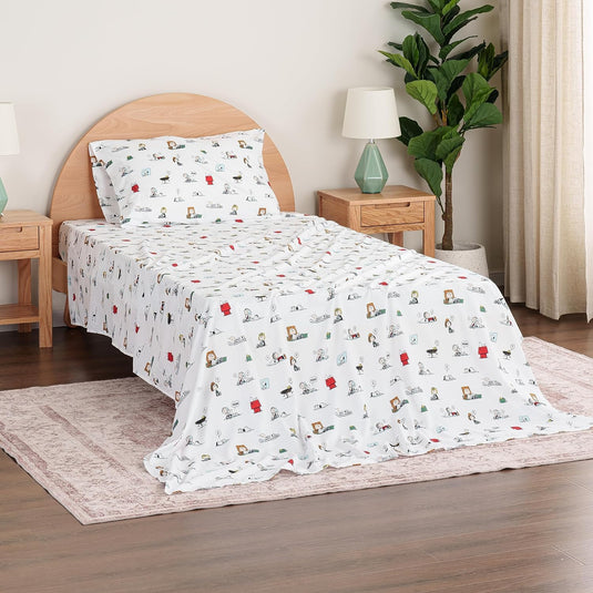 Berkshire Blanket Peanuts® Kids Sheet Set, Full Size - 4 Pieces, Peanuts® Mini Poses and Paws Grey, Cute Character Snoopy Printed Soft Microfiber Bed Sheets