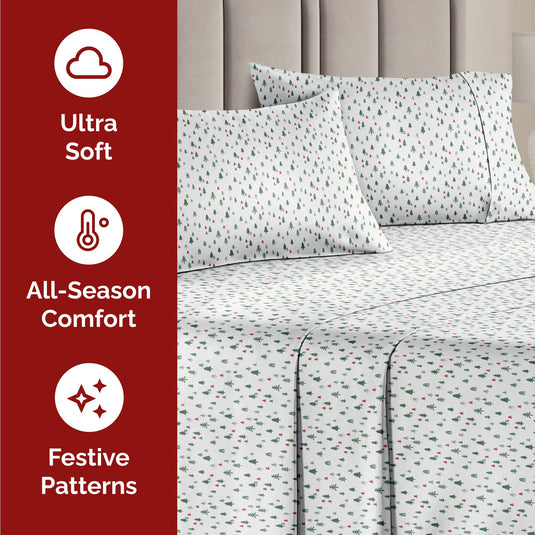 Queen Christmas Tree Sheet Set - Holiday Xmas Pattern Linen Set - Deep Pockets - Snug Fit - 4 Piece - Wrinkle Free - Comfy & Cooling Festive Winter Bedding - Easy To Care For - Kid Friendly