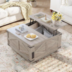Rustic Grey Farmhouse Lift-Top Coffee Table: Square Wood Center Table with Hidden Storage Compartment, Floating LED Lights & USB-C Charging Station - Living Room Furniture