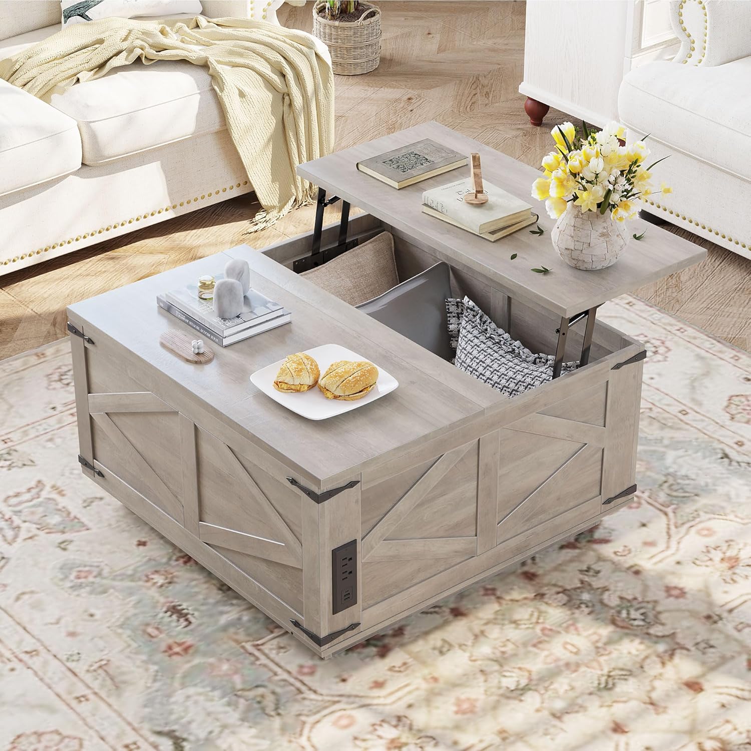Rustic Grey Farmhouse Lift-Top Coffee Table: Square Wood Center Table with Hidden Storage Compartment, Floating LED Lights & USB-C Charging Station - Living Room Furniture