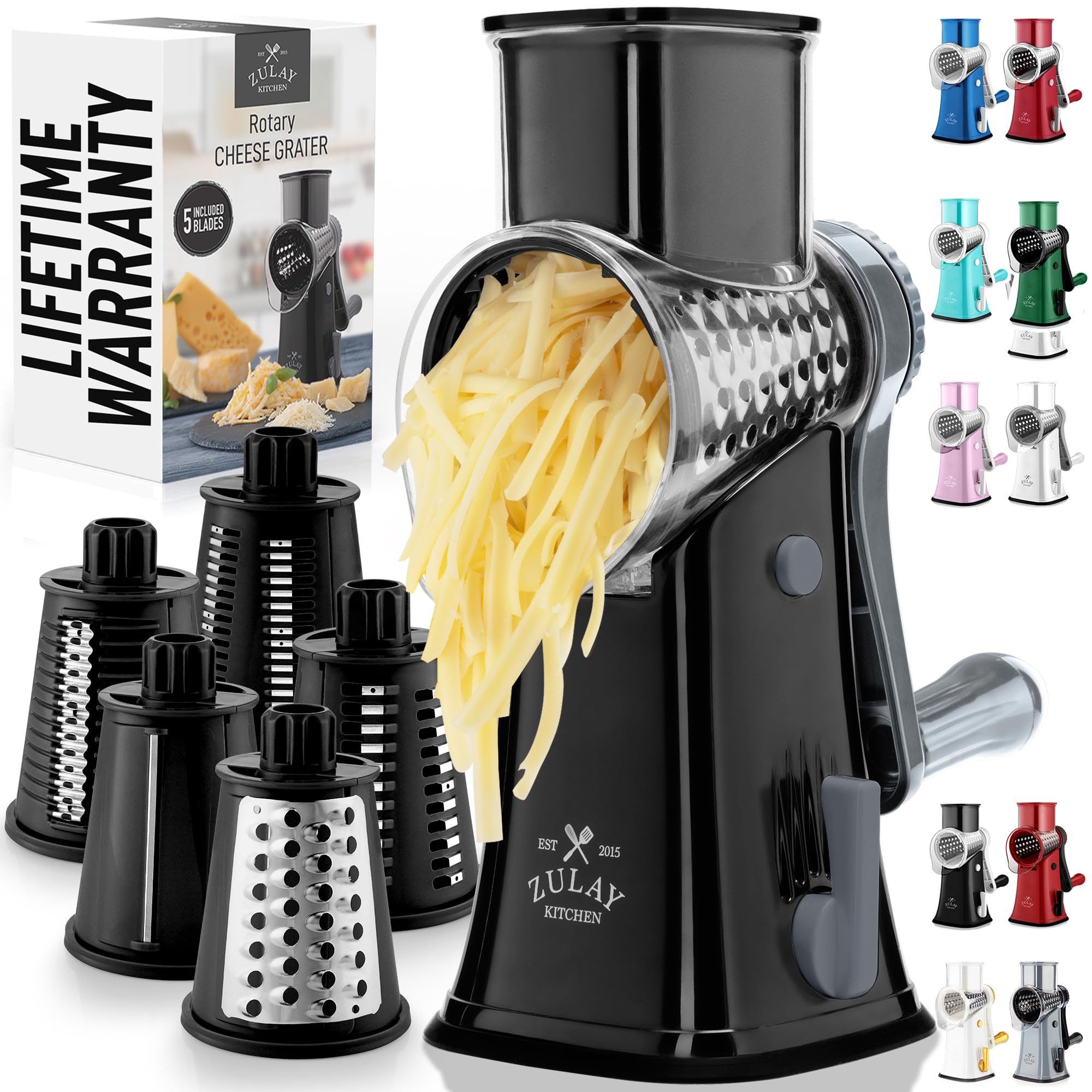 Zulay Rotary Cheese Grater 3 Blade Cheese Shredder - Manual Hand Crank Cheese Grater With Reinforced Suction & 3 Interchangeable Drums - Easy to Use Vegetable Chopper - Black