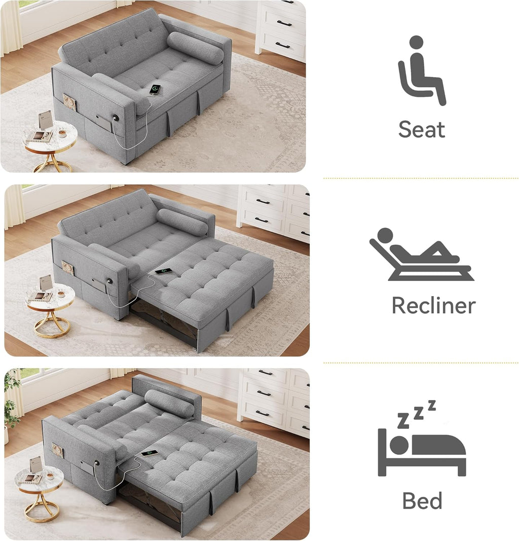 DWVO Convertible Sleeper Sofa Bed: 3-in-1 Loveseat Couch with Pullout Bed, 7-Level Adjustable Backrest, USB Ports, Storage Pockets, Pillows, Modern Lounge Furniture Light Gray