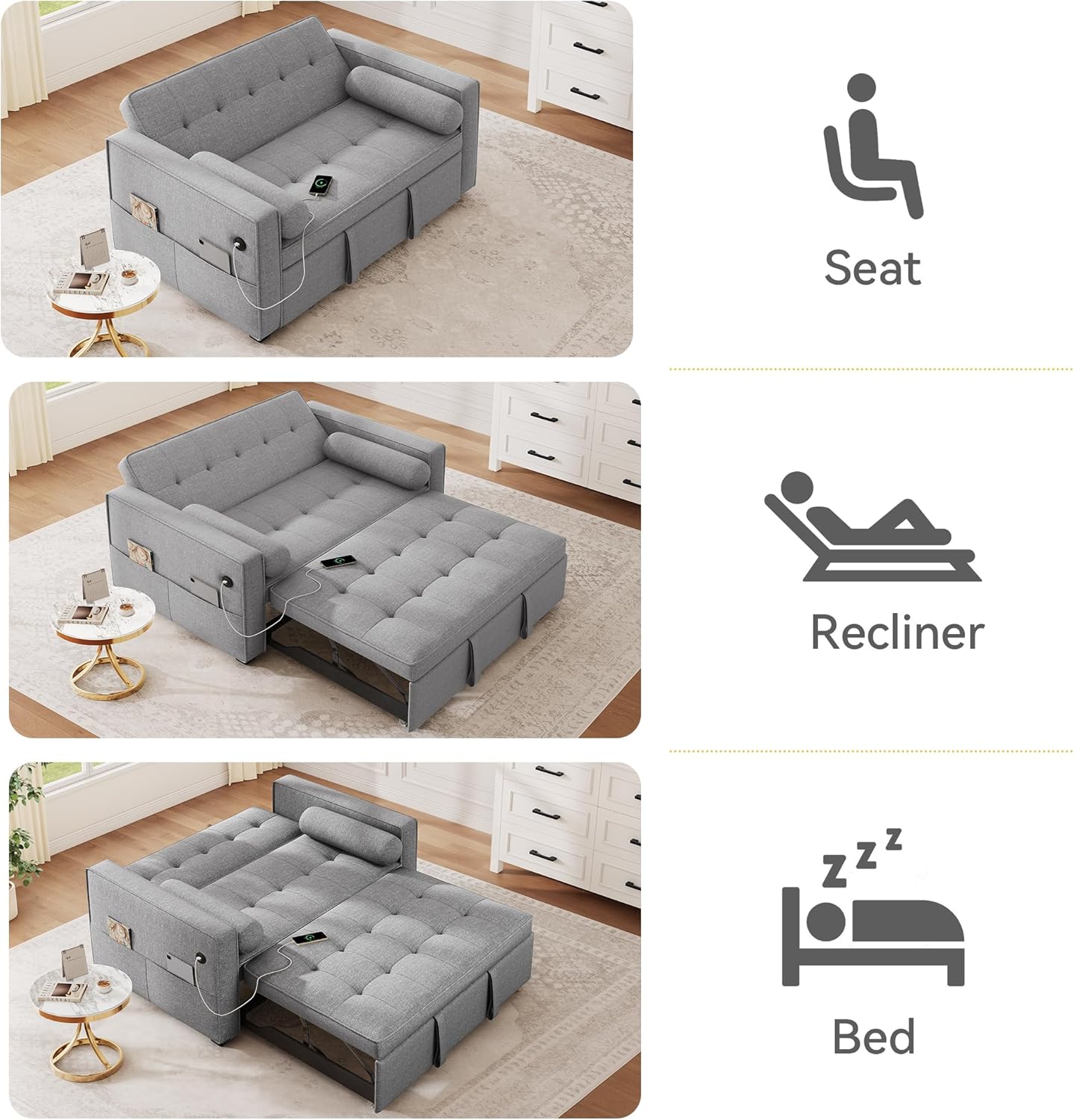 DWVO Convertible Sleeper Sofa Bed: 3-in-1 Loveseat Couch with Pullout Bed, 7-Level Adjustable Backrest, USB Ports, Storage Pockets, Pillows, Modern Lounge Furniture Light Gray